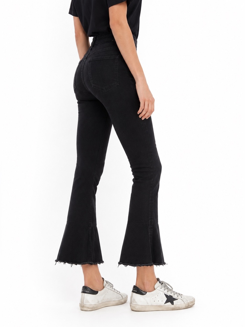 MOTHER The Cha Cha Fray Not Guilty Black Mid Rise Flare Jeans Raw Hem Size 27